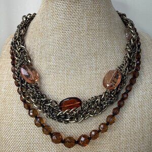 Multi-Strand Bronze Chain & Amber Beaded Statement Necklace By Talbots